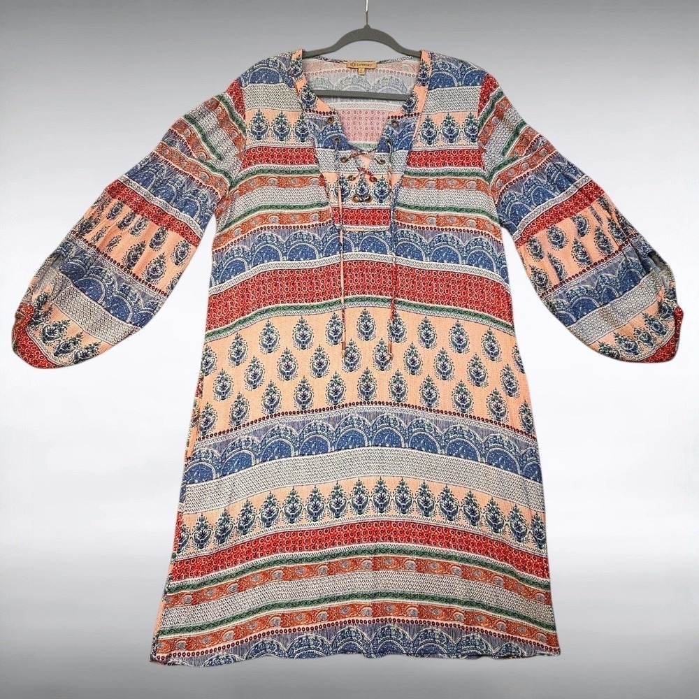 Boho Peasant Paisley Border Print Tunic Dress Folk Bell Sleeve Crinkle Womens L